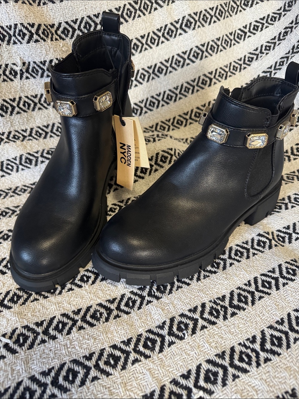 Steve Madden Black Jewel-Embellished Lug Chelsea Booties